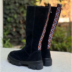 FARM Rio Black Suede Over-the-Knee Boots with Geometric Trim